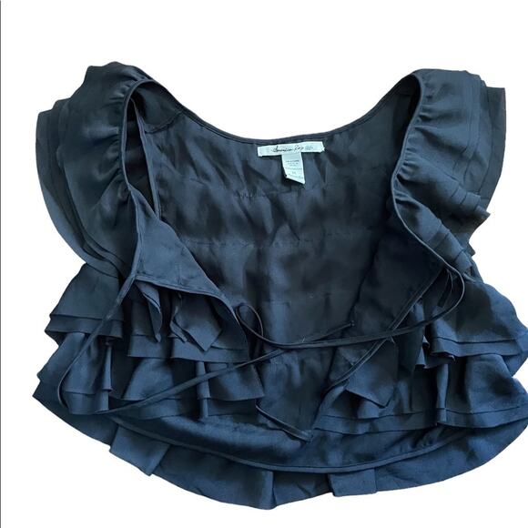 American Rag Black Cropped Ruffle Top Size Medium - Picture 3 of 5